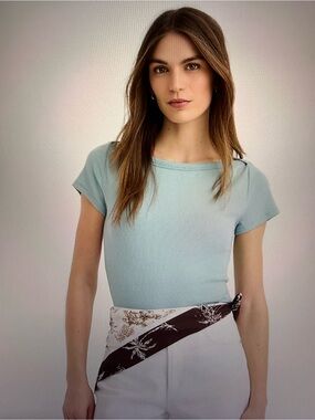 LOFT Perfect Ribbed Envelope Neck Fitted Tee with cap sleeves, size XL to XXL.